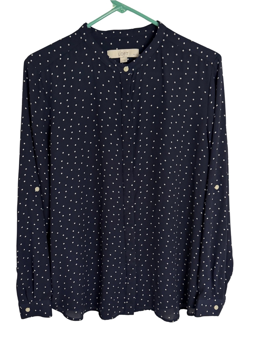 LOFT Navy Blue & White Long Sleeve Button Down Blouse Size Large Petite
